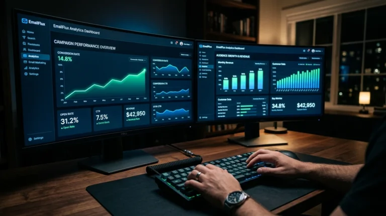 Best email marketing software dashboard displaying high conversion rates and ROI analytics.