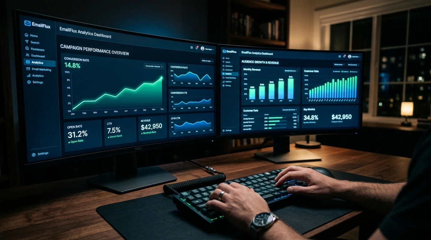 Best email marketing software dashboard displaying high conversion rates and ROI analytics.